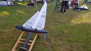 Marblehead RC boat on stand